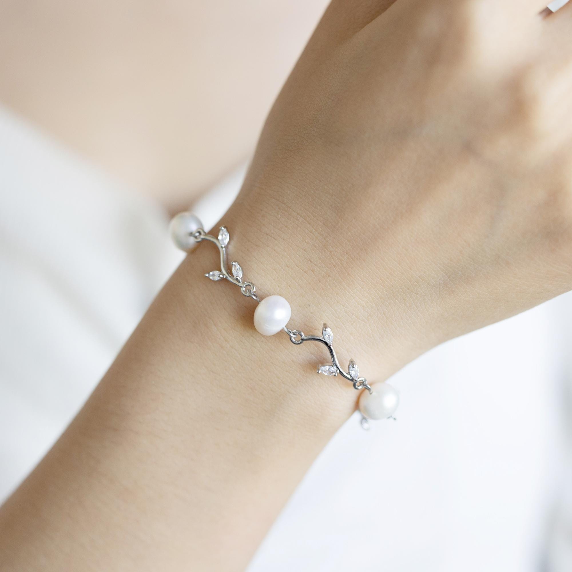 Diamond Leaf Pearl Bracelet Real Freshwater Jewelry Bridal Diamond Leaf Pearl Bracelet Real Freshwater Jewelry Bridal