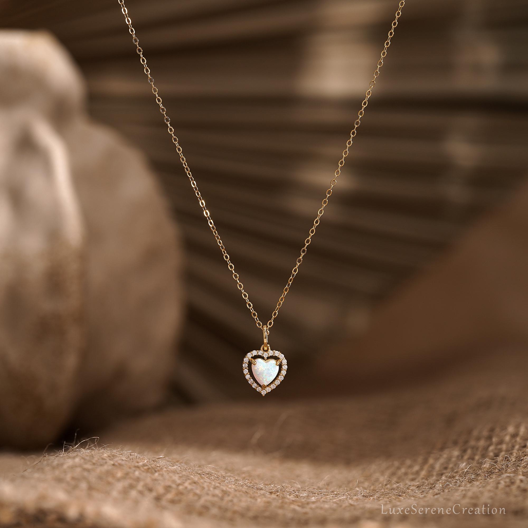Dainty Opal Heart Necklace Minimalist White Delicate Love Dainty Opal Heart Necklace Minimalist White Delicate Love