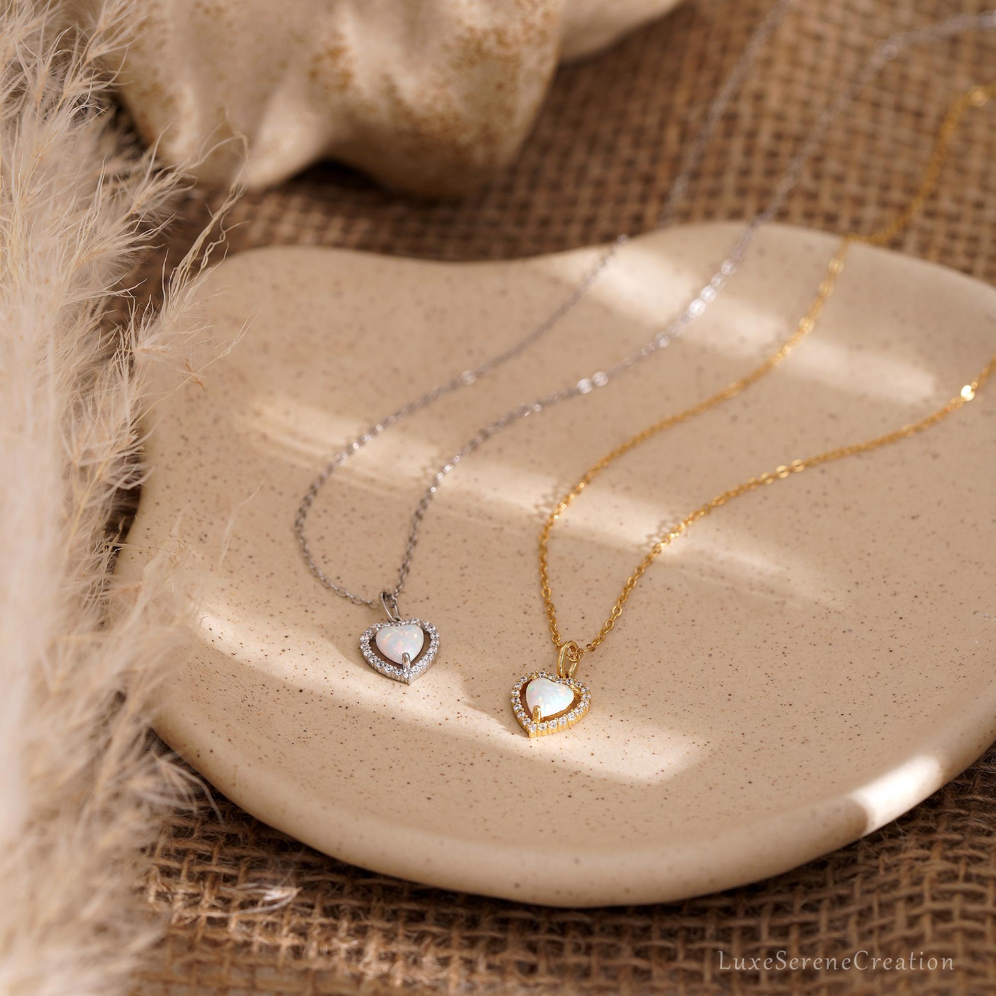 Dainty Opal Heart Necklace Minimalist White Delicate Love Dainty Opal Heart Necklace Minimalist White Delicate Love