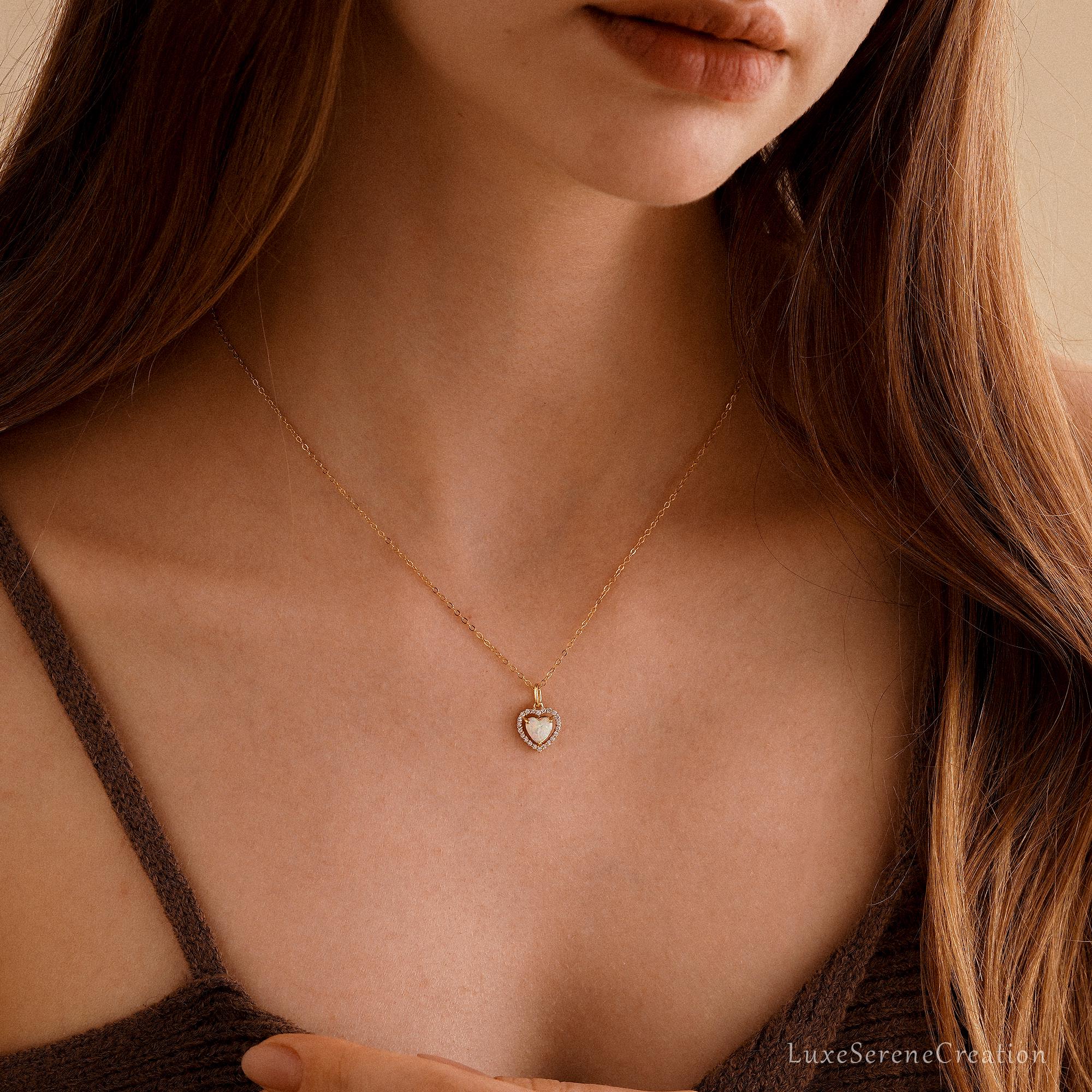 Dainty Opal Heart Necklace Minimalist White Delicate Love Dainty Opal Heart Necklace Minimalist White Delicate Love