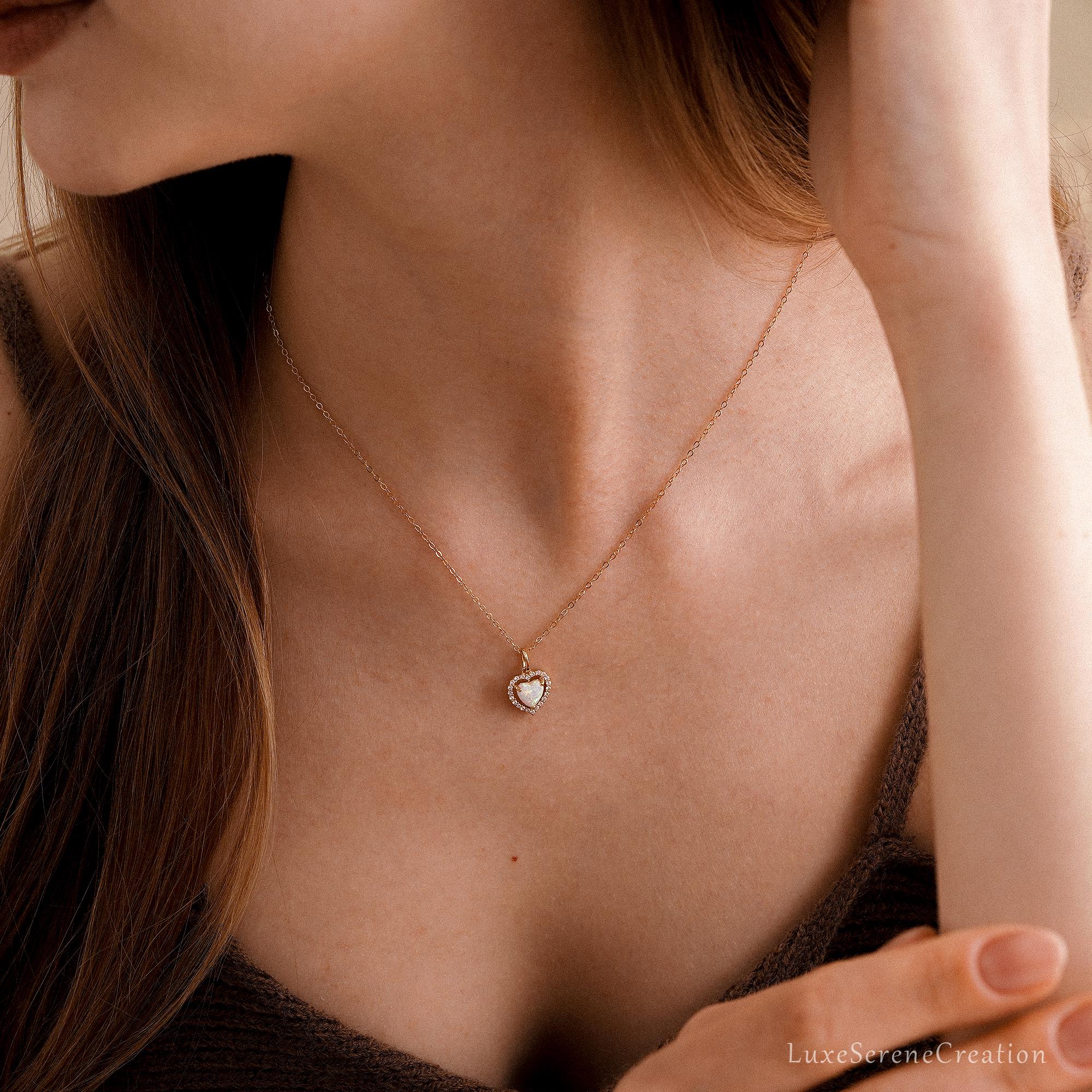 Dainty Opal Heart Necklace Minimalist White Delicate Love Dainty Opal Heart Necklace Minimalist White Delicate Love