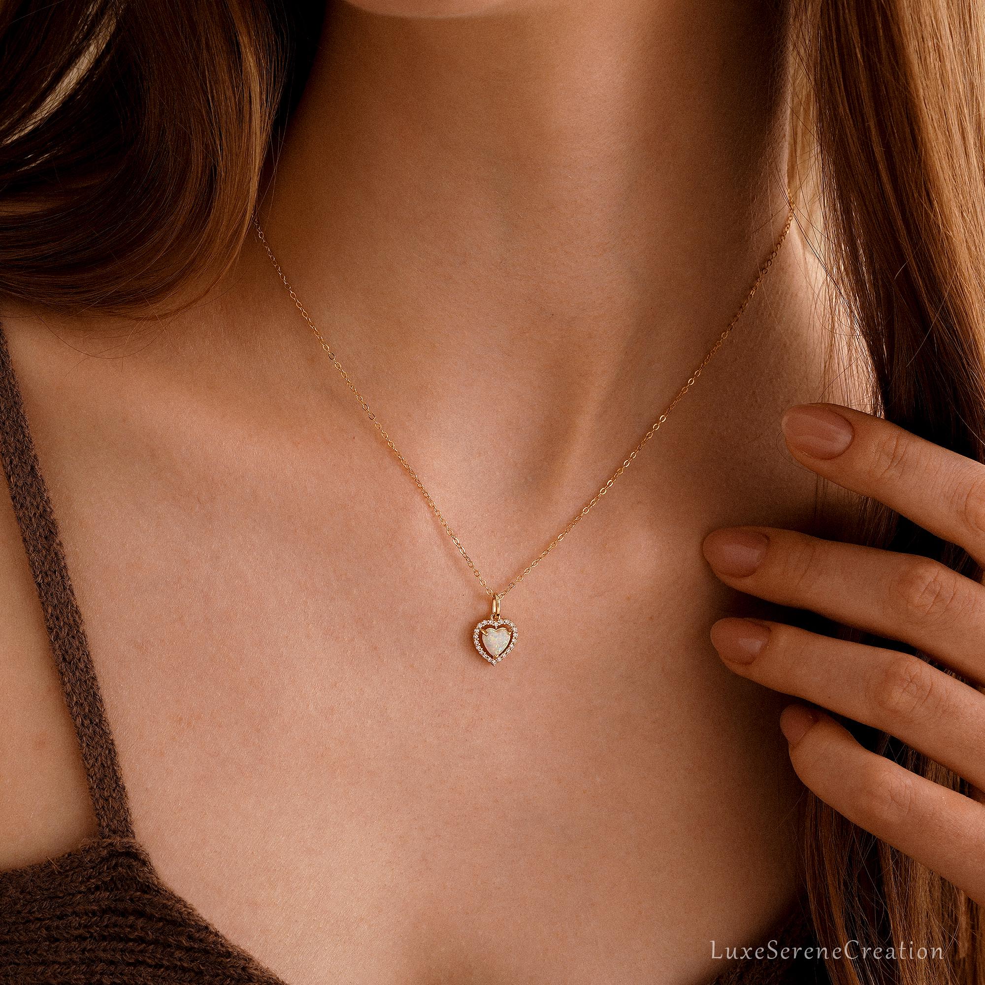 Dainty Opal Heart Necklace Minimalist White Delicate Love Dainty Opal Heart Necklace Minimalist White Delicate Love